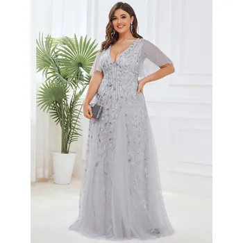 Dámské šaty Večerní šaty, dvojitý hluboký výstřih do V a volánové rukávy Barva: Stříbrná, Velikost: 6XL