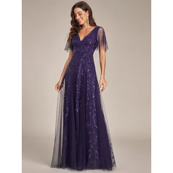 Dámské šaty Třpytivé dlouhé večerní šaty s výstřihem a dlouhým rukávem Barva: Fialová, Velikost: 7XL