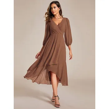 Dámské šaty Šifonové svatební šaty pro hosty s dlouhými rukávy Barva: Hnědá, Velikost: 9XL