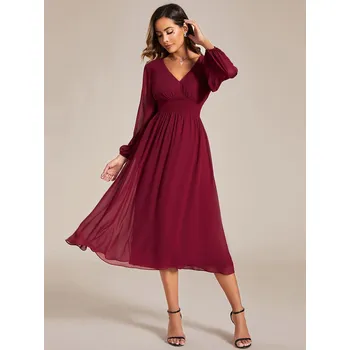 Dámské šaty Šifonové svatební šaty s dlouhými rukávy ke kolenům Barva: Bordová, Velikost: 9XL