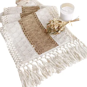 ubrus Boho běhoun na stůl 30x200 cm Lněný rustikální styl s třásněmi Makramé pytlovina a bavlna Farmářský dům přírodní dekorace svatba oslava