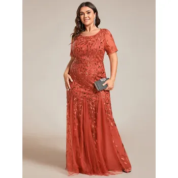 Dámské šaty Tylové dlouhé šaty plus size s flitry a krátkým rukávem Barva: Oranžová, Velikost: 7XL