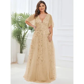 Dámské šaty Třpytivé dlouhé večerní šaty s výstřihem a dlouhým rukávem Barva: Zlatá, Velikost: 7XL