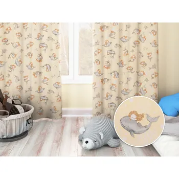 ubrus Dětský bavlněný závěs Sandra SA-670 Šedo-hnědé mořské panny s delfíny na žlutobéžovém 150x150 cm