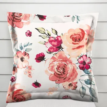 Povlak na dekorativní polštářek Bavlněný povlak na polštář s lemem Sandra SA-669 Červeno-růžové akvarelové květy 35 x 45 cm