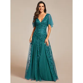 Dámské šaty Večerní šaty, dvojitý hluboký výstřih do V a volánové rukávy Barva: Tyrkysová, Velikost: 9XL