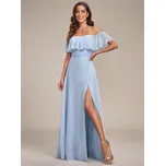 Šaty pro družičky s odhalenými rameny, volánky a rozparkem Barva: Modrá, Velikost: 5XL