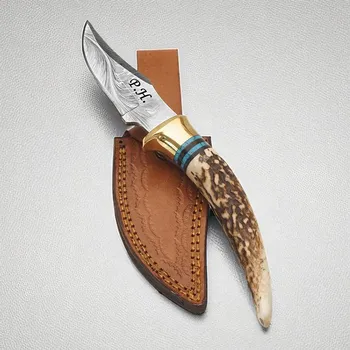 Kuchyňský nůž Exkluzivní nůž z damascénské oceli a rukojetí z paroží jelena Anubis