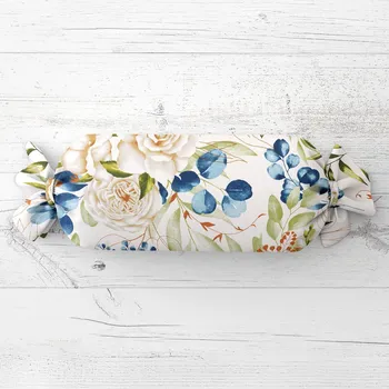 Dekorativní polštářek Polštář válec bonbon Sandra SA-668 Květy a modro-zelené listy na bílém 15x40 cm