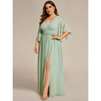 Dámské šaty Šifonové šaty pro družičky s výstřihem do V Barva: Mátová, Velikost: 6XL
