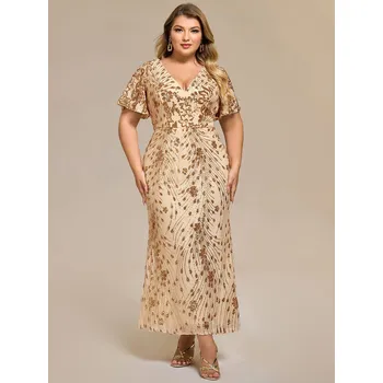 Dámské šaty Plesové šaty s flitry a výstřihem do V midi Barva: Zlatá, Velikost: 9XL