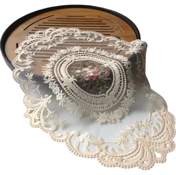 Oválná krajková vyšívaná podložka 31x43 cm Dekorativní ubrus na pohár talíř ovoce ložnici kuchyň jídelní stůl vánoční slavnostní dekorace