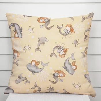 Povlak na dekorativní polštářek Dětský bavlněný povlak na polštář Sandra SA-670 Šedo-hnědé mořské panny s delfíny na žlutobéžovém 40 x 60 cm