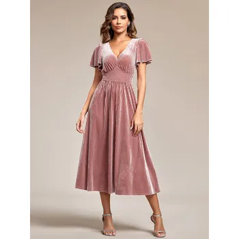 Dámské šaty Sametové svatební šaty pro hosty s výstřihem do V Barva: Tmavě Růžová, Velikost: 6XL