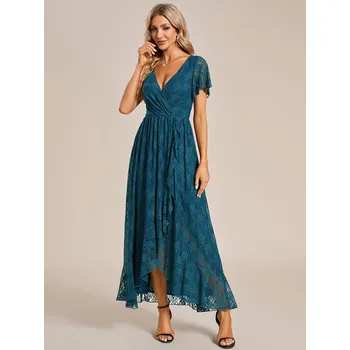 Dámské šaty Večerní šaty s výstřihem a krátkým průsvitným rukávem Barva: Tyrkysová, Velikost: XL