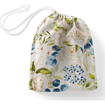 Školní sáček Bavlněný pytlík/sáček na přezůvky Sandra SA-668 Květy a modro-zelené listy na bílém