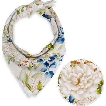 Šátek Bavlněný šátek Sandra SA-668 Květy a modro-zelené listy na bílém 45 x 45 cm