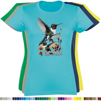 Dámské tričko damske-levne-bavlnene-tricko-digitalni-potisk-kolibrik-rubinohrdly Barva: Turquoise - tyrkysová, velikost: S