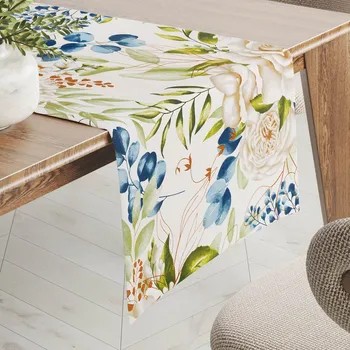 ubrus Bavlněný běhoun na stůl Sandra SA-668 Květy a modro-zelené listy na bílém 20x120 cm