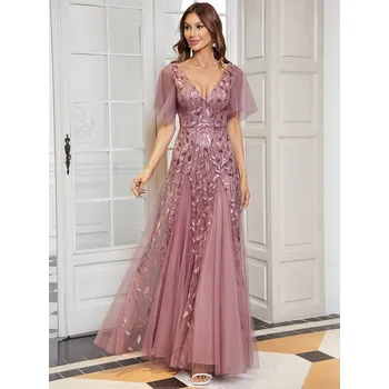 Dámské šaty Večerní šaty, dvojitý hluboký výstřih do V a volánové rukávy Barva: Tmavě Růžová, Velikost: 5XL