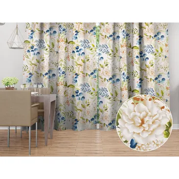 ubrus Bavlněný závěs Sandra SA-668 Květy a modro-zelené listy na bílém 150x140 cm