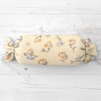 Dekorativní polštářek Dětský polštář válec bonbon Sandra SA-670 Šedo-hnědé mořské panny s delfíny na žlutobéžovém 15x40 cm