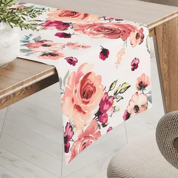 ubrus Bavlněný běhoun na stůl Sandra SA-669 Červeno-růžové akvarelové květy 20x120 cm