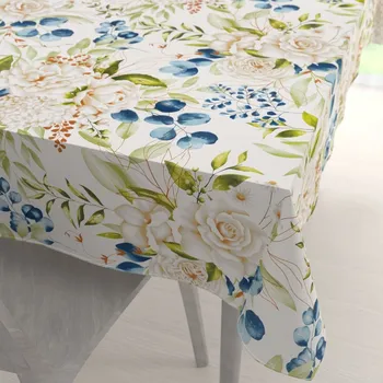 ubrus Bavlněný obdélníkový ubrus Sandra SA-668 Květy a modro-zelené listy na bílém 50x100 cm