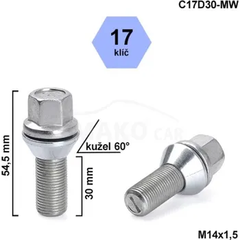 Šroubek na kolo Kolový šroub M14x1,5x30 kužel pohyblivý, klíč 17, stříbrný, BIMECC