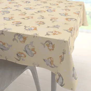 ubrus Dětský bavlněný čtvercový ubrus Sandra SA-670 Šedo-hnědé mořské panny s delfíny na žlutobéžovém 40x40 cm