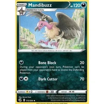 Karetní hra Pokémon FST 173/264 Mandibuzz- Fusion Strike Stav: Near Mint, Verze: REVERSE HOLO