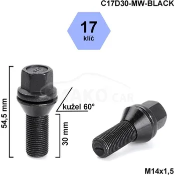 Šroubek na kolo Kolový šroub M14x1,5x30 kužel pohyblivý, klíč 17, černý, BIMECC
