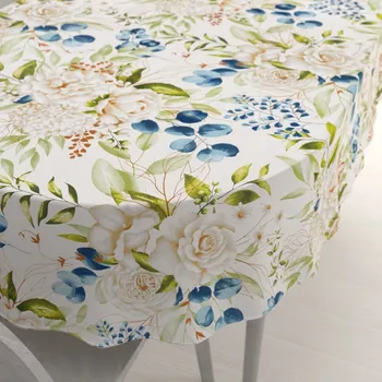 ubrus Bavlněný oválný ubrus Sandra SA-668 Květy a modro-zelené listy na bílém 50x100 cm
