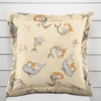 Povlak na dekorativní polštářek Dětský bavlněný povlak na polštář s lemem Sandra SA-670 Šedo-hnědé mořské panny s delfíny na žlutobéžovém 40 x 40 cm
