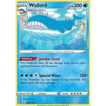 Sběratelská karetní hra Pokémon SIT 038/195 Wailord - Silver Tempest Stav: Near Mint, Verze: REVERSE HOLO