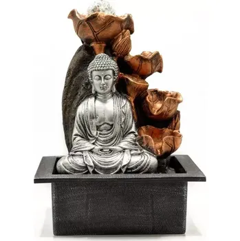 AWM, Ltd, S3 8AL Pokojová / Stolní Fontána s LED osvětlením - Meditující Buddha stříbrný kaskáda leknínů 35 cm