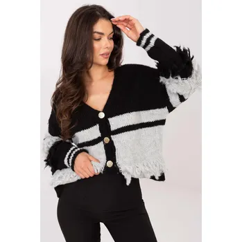 Dámský svetr Dvoubarevný svetr s třásněmi a zapínáním na knoflíky model 21131 černý