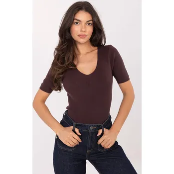 Dámský svetr Vroubkovaný svetr s krátkým rukávem model 62763 hnědý