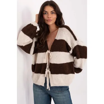 Dámský svetr Pruhovaný oversize svetr s vázáním model 10979 hnědý