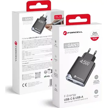 F-ENERGY GaN III B245202(1A1C) Ultra tenká cestovní nabíječka 1 x Typ C + 1 x USB A PD QC4.0 3A 45W černá
