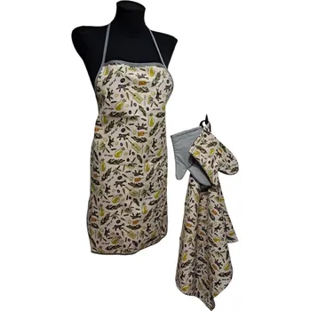 Kuchyňská zástěra Kuchyňská sada - zástěra, utěrka, 2 chňapky - olivy