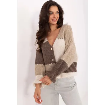 Dámský svetr Pruhovaný svetr se zapínáním na knoflíky model 90387 béžový