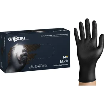 Vyšetřovací rukavice ZARYS lnternational Group GRIPZZLY, rukavice nitrilové, bezpudrové, s diamantovou strukturou, 50 ks Barva: Černá, Velikost: XL