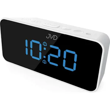 Budík Digitální budík do sítě JVD SB3212.2 s teploměrem, USB nabíjením a světelným senzorem (modré číslice s napájecím kabelem i adaptérem - je součástí balení)