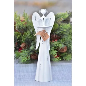 Harasim velkoobchod s. r. o. Plechový anděl s kalíškem na svíčku, bílý 30 cm, sada 2ks