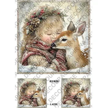 Umělecký papír Rýžový a soft papír na decoupage - Holčička s jelínkem zima - KB04255 Materiál: Soft, Rozměr: A4