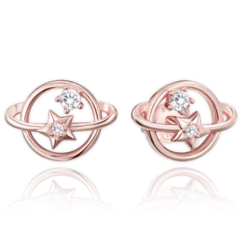 Náušnice 1400 MINET Rose gold stříbrné náušnice Saturn s bílými zirkony