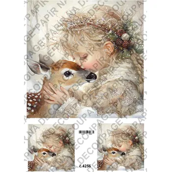 Umělecký papír Rýžový a soft papír na decoupage - Holčička s jelínkem zima - KB04256 Materiál: Soft, Rozměr: A4