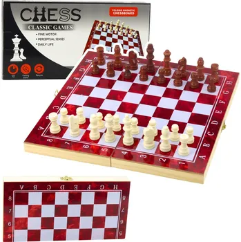 Šachy LEAN Toys 3v1 Dřevěná herní sada Šachy Dáma Vrhcáby Skládací deska 24x24 cm