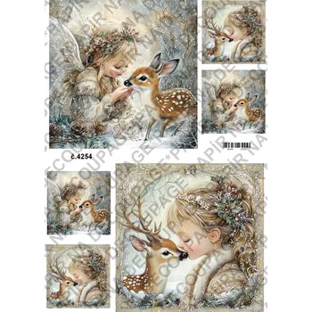 Umělecký papír Rýžový a soft papír na decoupage - Holčička s jelínkem zima - KB04254 Materiál: Soft, Rozměr: A4